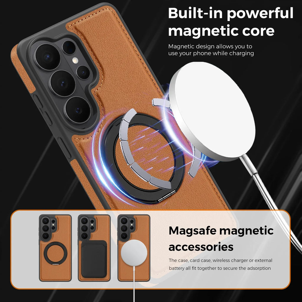 Samsung Galaxy S26 Series Leather Case with Rotating Ring Bracket
