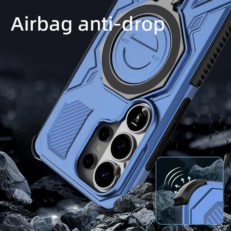 Samsung Galaxy S26 Series Rugged Armor Case with Rotating Metal Ring Stand