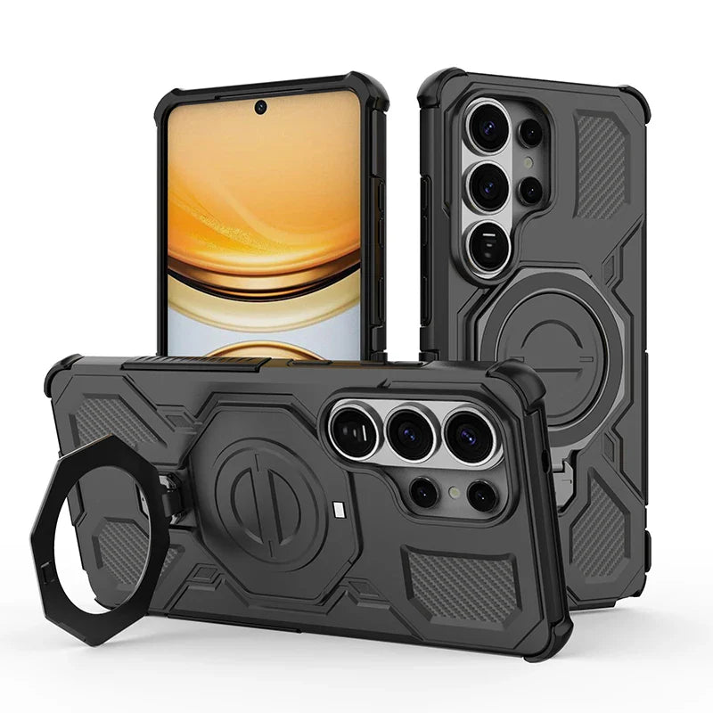 Samsung Galaxy S26 Series Rugged Armor Case with Rotating Metal Ring Stand