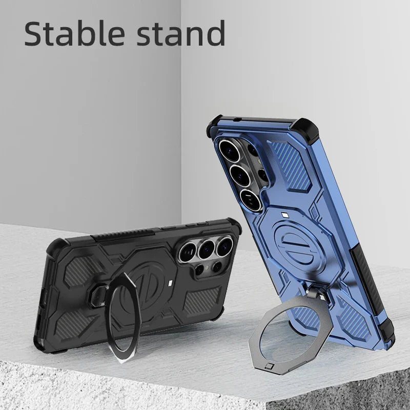 Samsung Galaxy S26 Series Rugged Armor Case with Rotating Metal Ring Stand