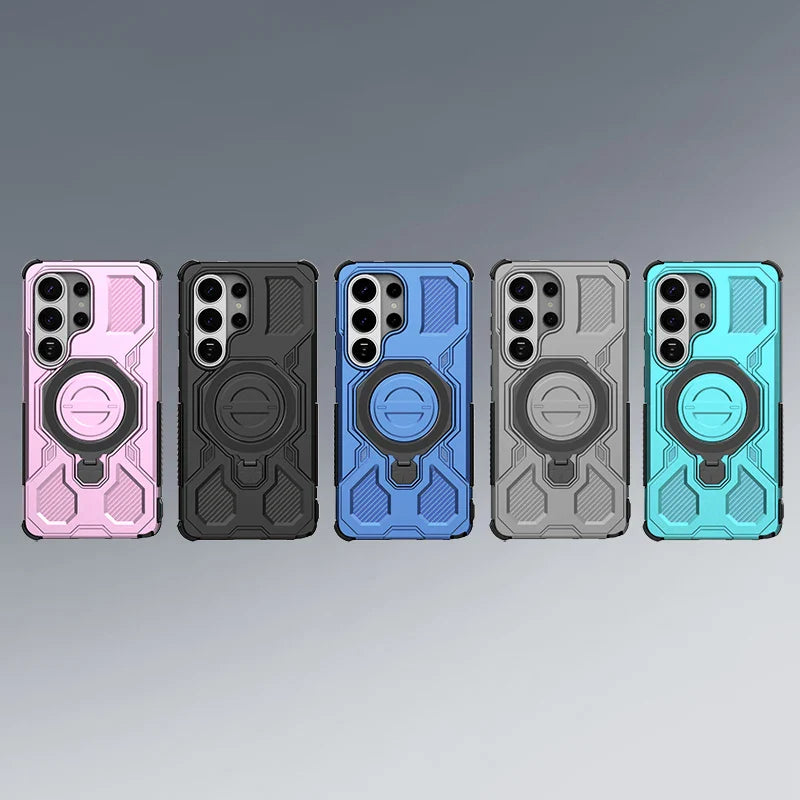 Samsung Galaxy S26 Series Rugged Armor Case with Rotating Metal Ring Stand