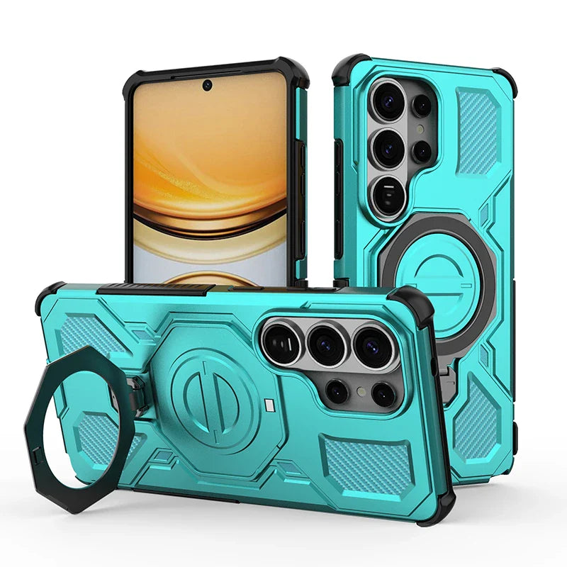 Samsung Galaxy S26 Series Rugged Armor Case with Rotating Metal Ring Stand