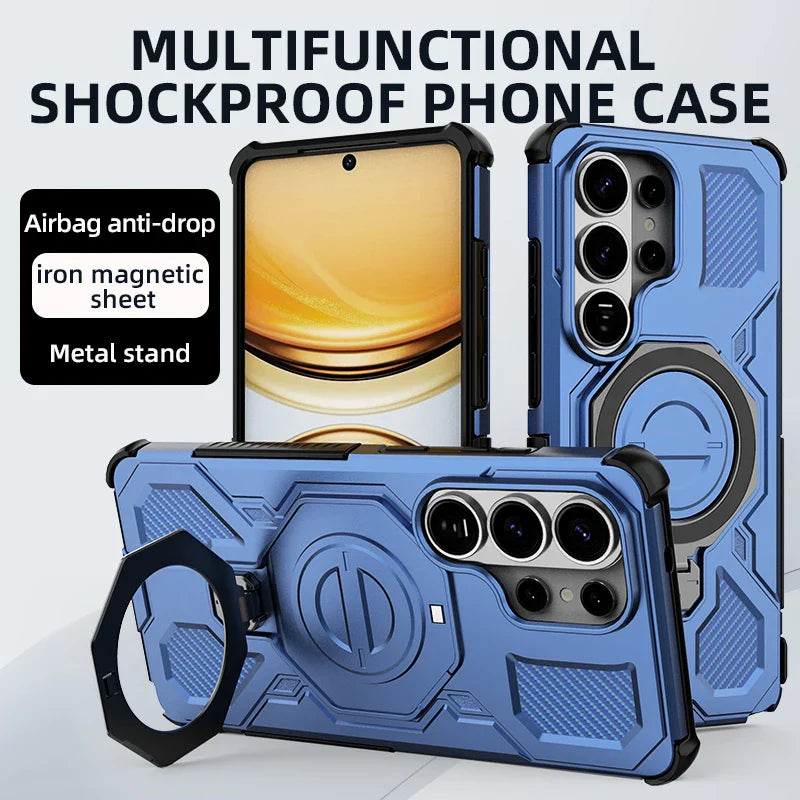 Samsung Galaxy S26 Series Rugged Armor Case with Rotating Metal Ring Stand