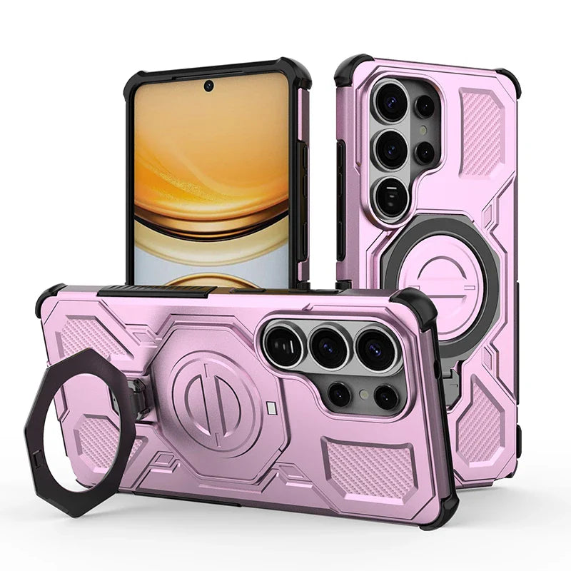Samsung Galaxy S26 Series Rugged Armor Case with Rotating Metal Ring Stand